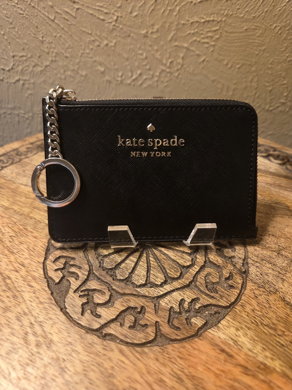 kate spade New York Black Saffiano Leather Zip Card Case Keychain